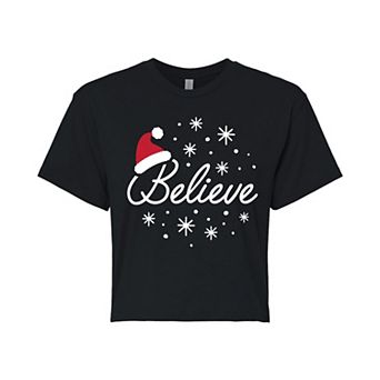 Juniors' Believe With Santa Hat Cropped Tee