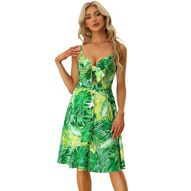 Tropical Print Dress For Women s Tie Knot Spaghetti Strap Sleeveless Cami Midi Dress
