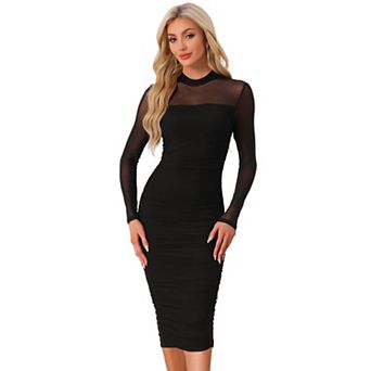 Mesh Dress for Women's Mock Neck Long Sleeve Ruch Elegant Cocktail Bodycon Dresses