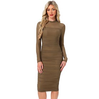 Mesh Dress for Women's Mock Neck Long Sleeve Ruch Elegant Cocktail Bodycon Dresses