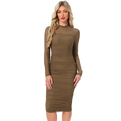 Mesh Dress for Women's Mock Neck Long Sleeve Ruch Elegant Cocktail Bodycon  Dresses