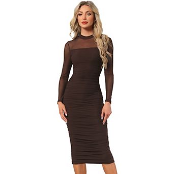 Mesh Dress for Women's Mock Neck Long Sleeve Ruch Elegant Cocktail Bodycon Dresses