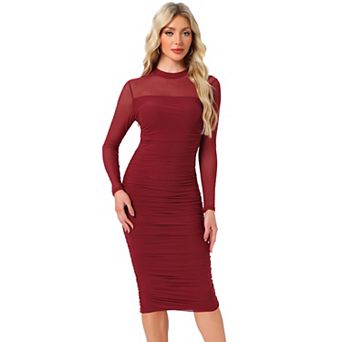 Mesh Dress for Women's Mock Neck Long Sleeve Ruch Elegant Cocktail Bodycon Dresses