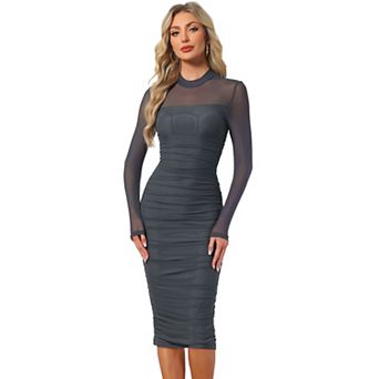 Mesh Dress for Women's Mock Neck Long Sleeve Ruch Elegant Cocktail Bodycon Dresses
