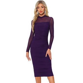 Mesh Dress for Women's Mock Neck Long Sleeve Ruch Elegant Cocktail Bodycon Dresses