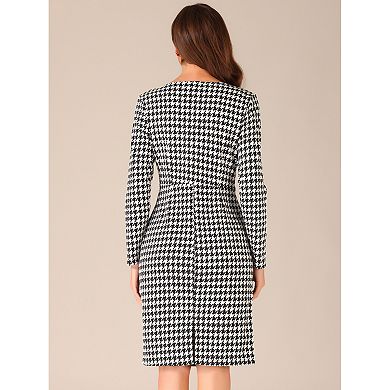 Houndstooth Plaid Dress For Women's Round Neck Bodycon Sheath Dresses