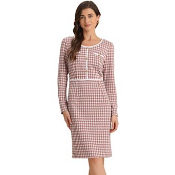 Houndstooth Plaid Dress for Women's Round Neck Bodycon Sheath Dresses