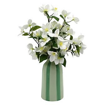 Artificial White Blossoms in Painterly Stripe Vase Table Decor