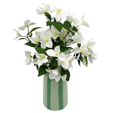 Artificial White Blossoms in Painterly Stripe Vase Table Decor