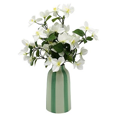 Artificial White Blossoms in Painterly Stripe Vase Table Decor