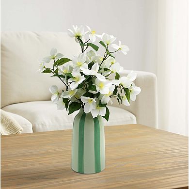 Artificial White Blossoms in Painterly Stripe Vase Table Decor