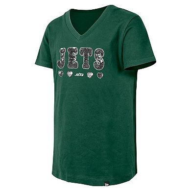 Girls Youth New Era Green New York Jets Flip Sequin V-Neck T-Shirt