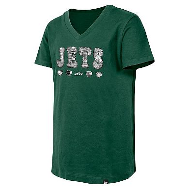 Girls Youth New Era Green New York Jets Flip Sequin V-Neck T-Shirt