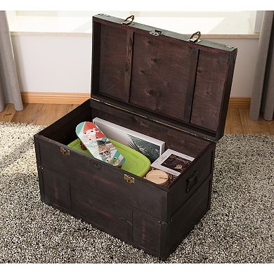 Antique Style Dark Wooden Storage Trunk with Lockable Latch