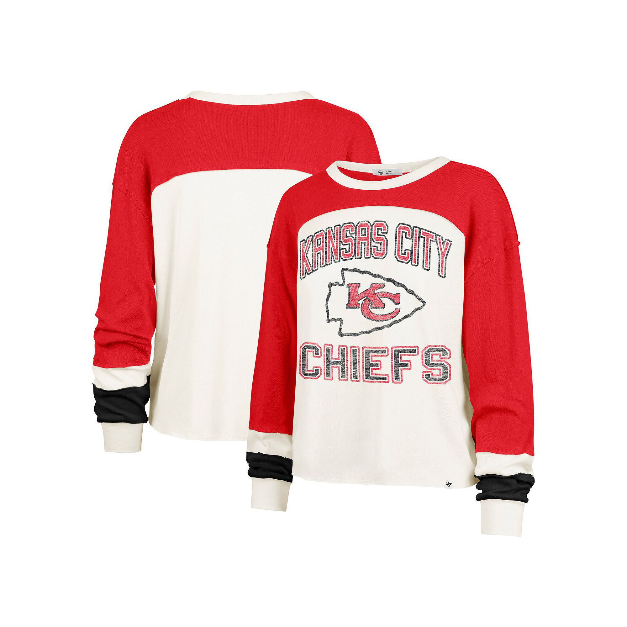 Womens 47 Cream Kansas City Chiefs Double Header Curve Raglan Long Sleeve