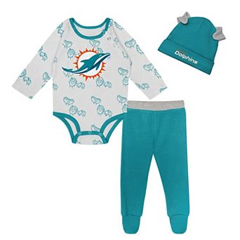 "Newborn & Infant Miami Dolphins Little Champ Long Sleeve Bodysuit, Pants & Cuffed Knit Hat 3 pc Set"