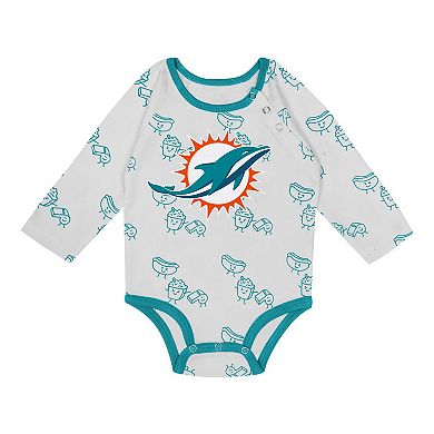 "Newborn & Infant Miami Dolphins Little Champ Long Sleeve Bodysuit, Pants & Cuffed Knit Hat 3-Piece Set"