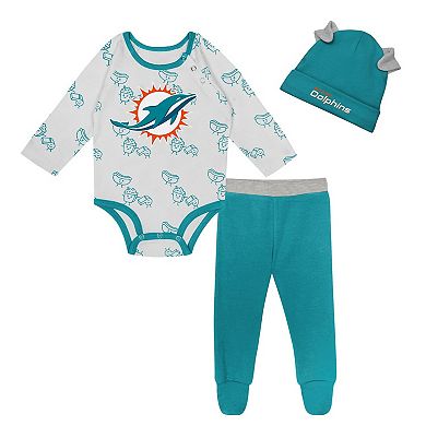 "Newborn & Infant Miami Dolphins Little Champ Long Sleeve Bodysuit, Pants & Cuffed Knit Hat 3-Piece Set"