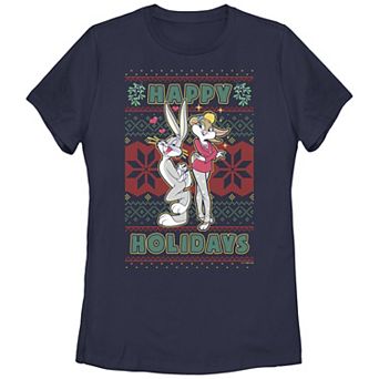 Juniors' Looney Tunes Bugs Bunny And Lola Bunny Happy Holidays Graphic Tee