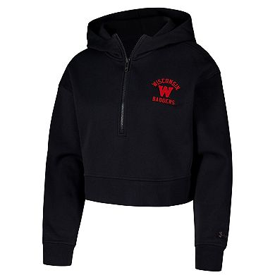 Women's Under Armour Black Wisconsin Badgers Inline Modest Cropped Half-Zip Hoodie