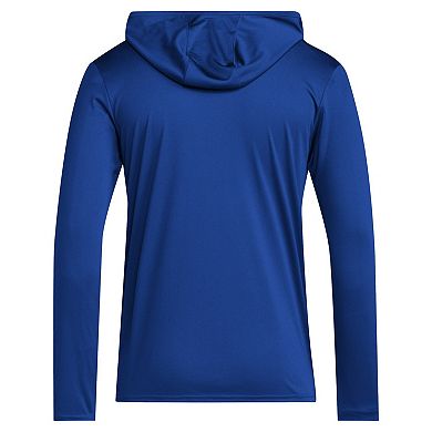 Men's adidas Royal Kansas Jayhawks 2024 Sideline Hooded Long Sleeve T-Shirt