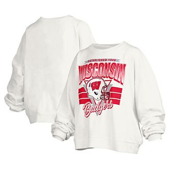 Women's Pressbox White Wisconsin Badgers Janice Retro Logo Oversized Pullover Sweatshirt