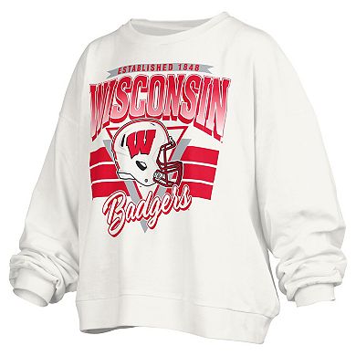 Women's Pressbox White Wisconsin Badgers Janice Retro Logo Oversized Pullover Sweatshirt
