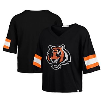 Women's '47 Black Cincinnati Bengals Double Header Scout Cropped V-Neck T-Shirt