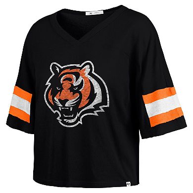 Women's '47 Black Cincinnati Bengals Double Header Scout Cropped V-Neck T-Shirt
