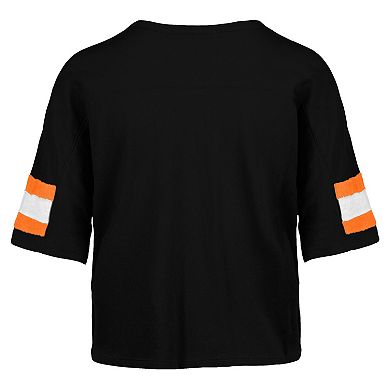 Women's '47 Black Cincinnati Bengals Double Header Scout Cropped V-Neck T-Shirt