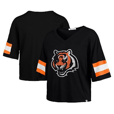 Women's '47 Black Cincinnati Bengals Double Header Scout Cropped V-Neck T-Shirt