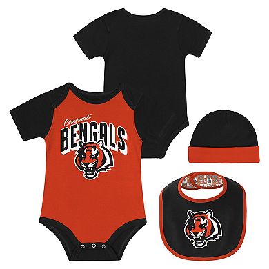"Newborn & Infant Cincinnati Bengals Dynamic Duo Bodysuit, Bib & Knit Hat Set"
