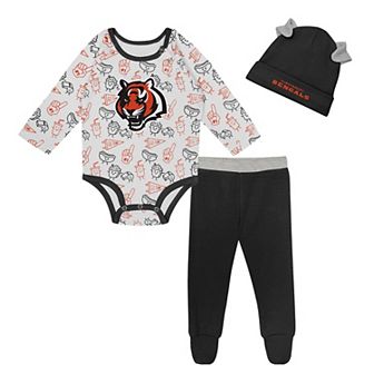 "Newborn & Infant Cincinnati Bengals Little Champ Long Sleeve Bodysuit, Pants & Cuffed Knit Hat 3 pc Set"