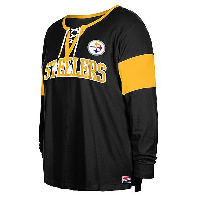 Women's New Era Black Pittsburgh Steelers Plus Size Lace-Up Notch Neck Long Sleeve T-Shirt