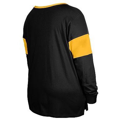 Women's New Era Black Pittsburgh Steelers Plus Size Lace-Up Notch Neck Long Sleeve T-Shirt