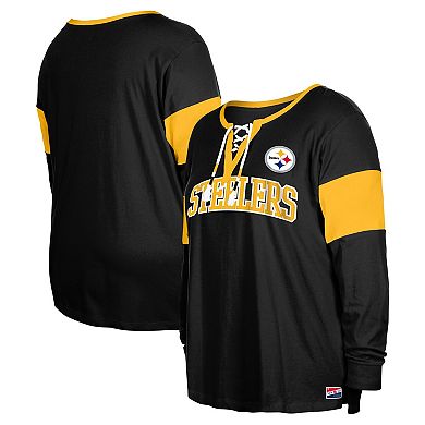Women's New Era Black Pittsburgh Steelers Plus Size Lace-Up Notch Neck Long Sleeve T-Shirt