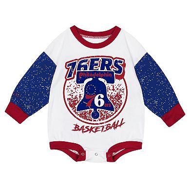 Infant Mitchell & Ness White Philadelphia 76ers Hardwood Classics Posterboard Oversize Long Sleeve Bodysuit