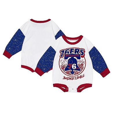 Infant Mitchell & Ness White Philadelphia 76ers Hardwood Classics Posterboard Oversize Long Sleeve Bodysuit