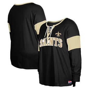 Women's New Era Black New Orleans Saints Plus Size Lace-Up Notch Neck Long Sleeve T-Shirt