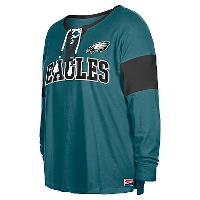Women's New Era Midnight Green Philadelphia Eagles Plus Size Lace-Up Notch Neck Long Sleeve T-Shirt