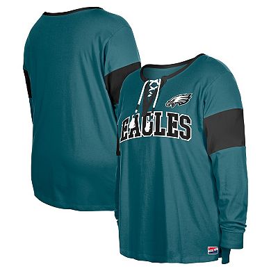 Women's New Era Midnight Green Philadelphia Eagles Plus Size Lace-Up Notch Neck Long Sleeve T-Shirt