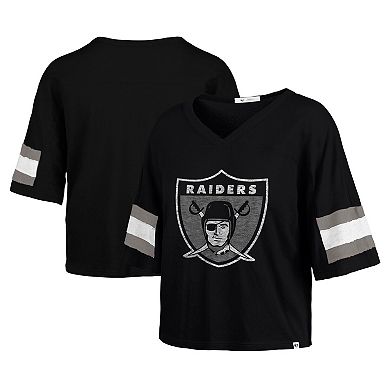 Women's '47 Black Las Vegas Raiders Double Header Scout Cropped V-Neck T-Shirt