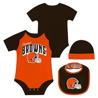 "Newborn & Infant Cleveland Browns Dynamic Duo Bodysuit, Bib & Knit Hat Set"
