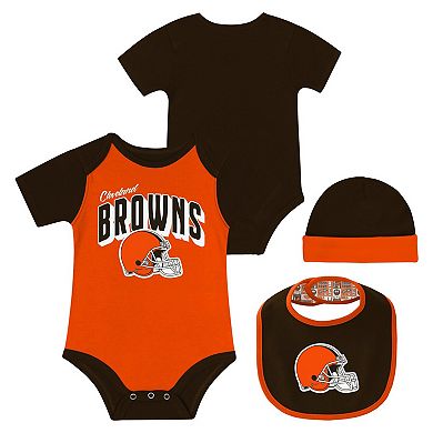 "Newborn & Infant Cleveland Browns Dynamic Duo Bodysuit, Bib & Knit Hat Set"