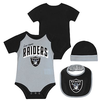 "Newborn & Infant Las Vegas Raiders Dynamic Duo Bodysuit, Bib & Knit Hat Set"