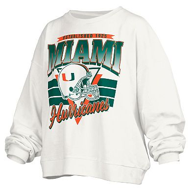 Women's Pressbox White Miami Hurricanes Janice Retro Logo Oversized Pullover Sweatshirt
