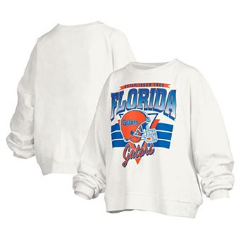 Women's Pressbox White Florida Gators Janice Retro Logo Oversized Pullover Sweatshirt
