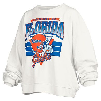 Women's Pressbox White Florida Gators Janice Retro Logo Oversized Pullover Sweatshirt