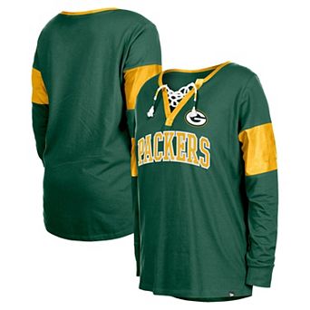 Women's New Era Green Green Bay Packers Lace-Up Notch-Neck Long Sleeve T-Shirt