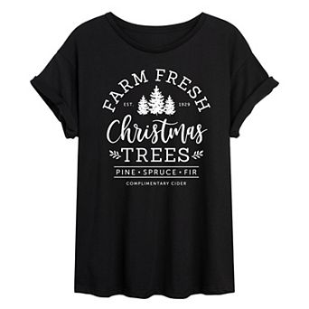 Juniors' Farm Fresh Christmas Trees Oversized Tee